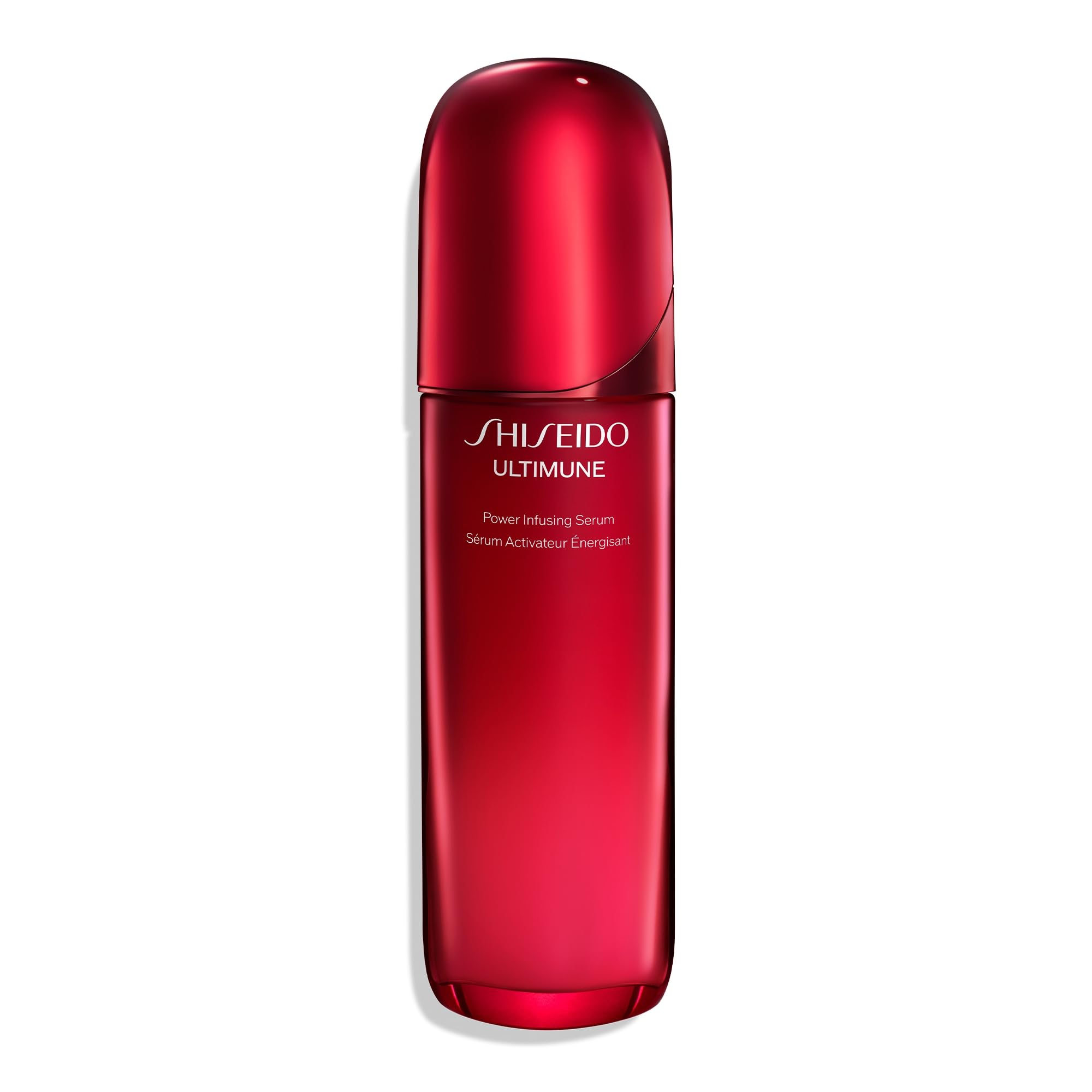 Shiseido Ultimune serum bottle front highlights premium packaging and a ready-to-use glow enhancing formula.
