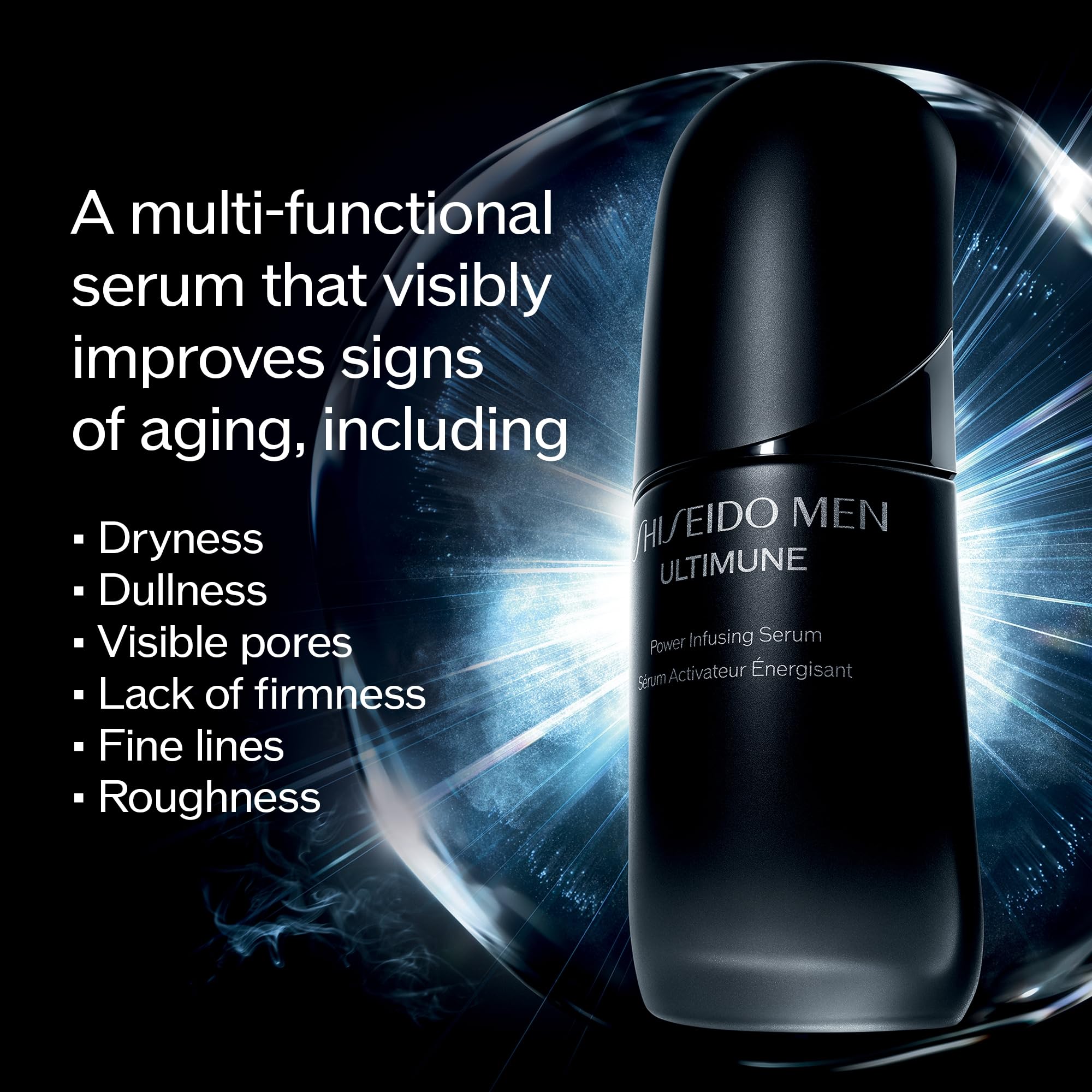 Shiseido Ultimune serum texture closeup shows lightweight, fast-absorbing formula ideal for mornings.