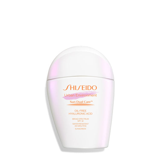 Shiseido Urban Environment bottle highlights oil-free sunscreen for all-day matte protection.
