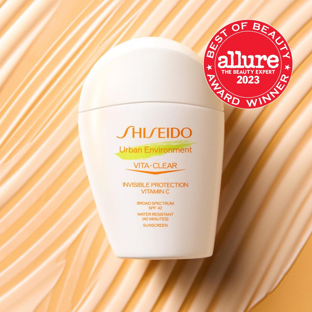 Shiseido Urban Environment Vita-Clear sunscreen application demonstrates smooth, makeup-friendly protection