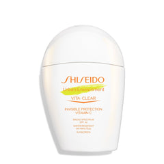 Shiseido Urban Environment Vita-Clear sunscreen bottle showing invisible finish and lightweight protection