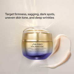 Shiseido Vital Perfection day cream packaging highlights premium anti-aging care.