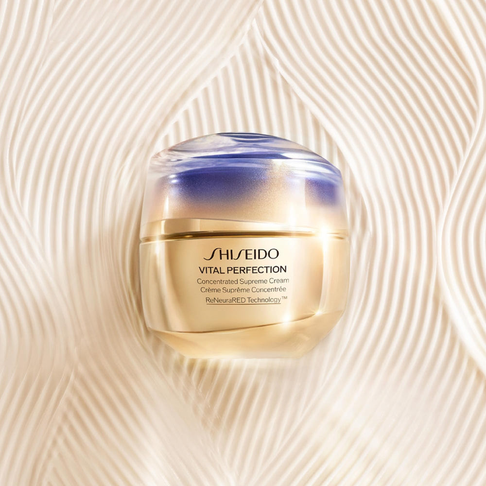 Shiseido Vital Perfection luxury packaging on display for premium routine