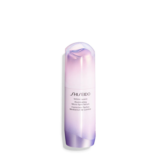 Shiseido White Lucent serum bottle promotes brighter, more even skin tone.