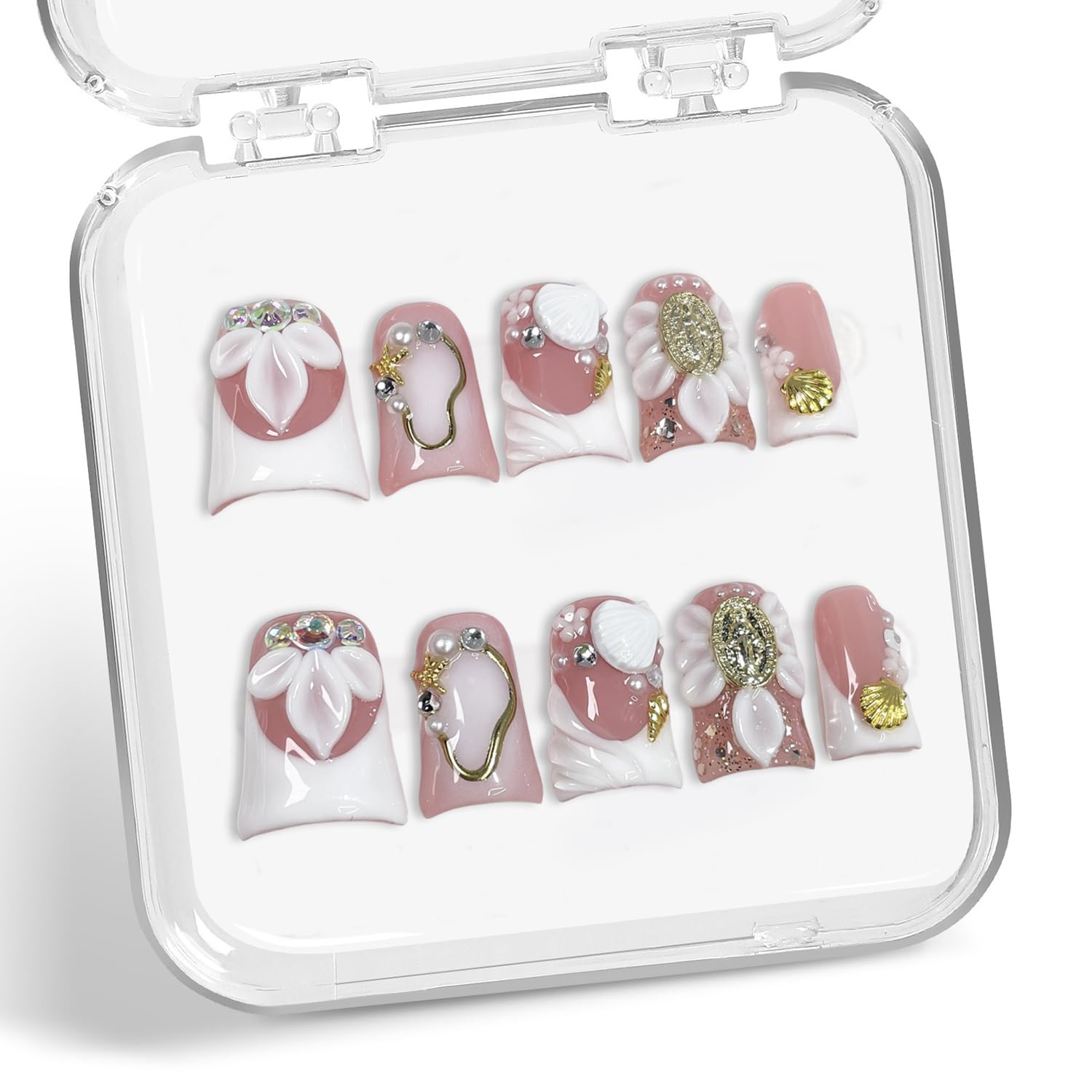 Short Duck nails display 3D shell and flower design for an elegant look