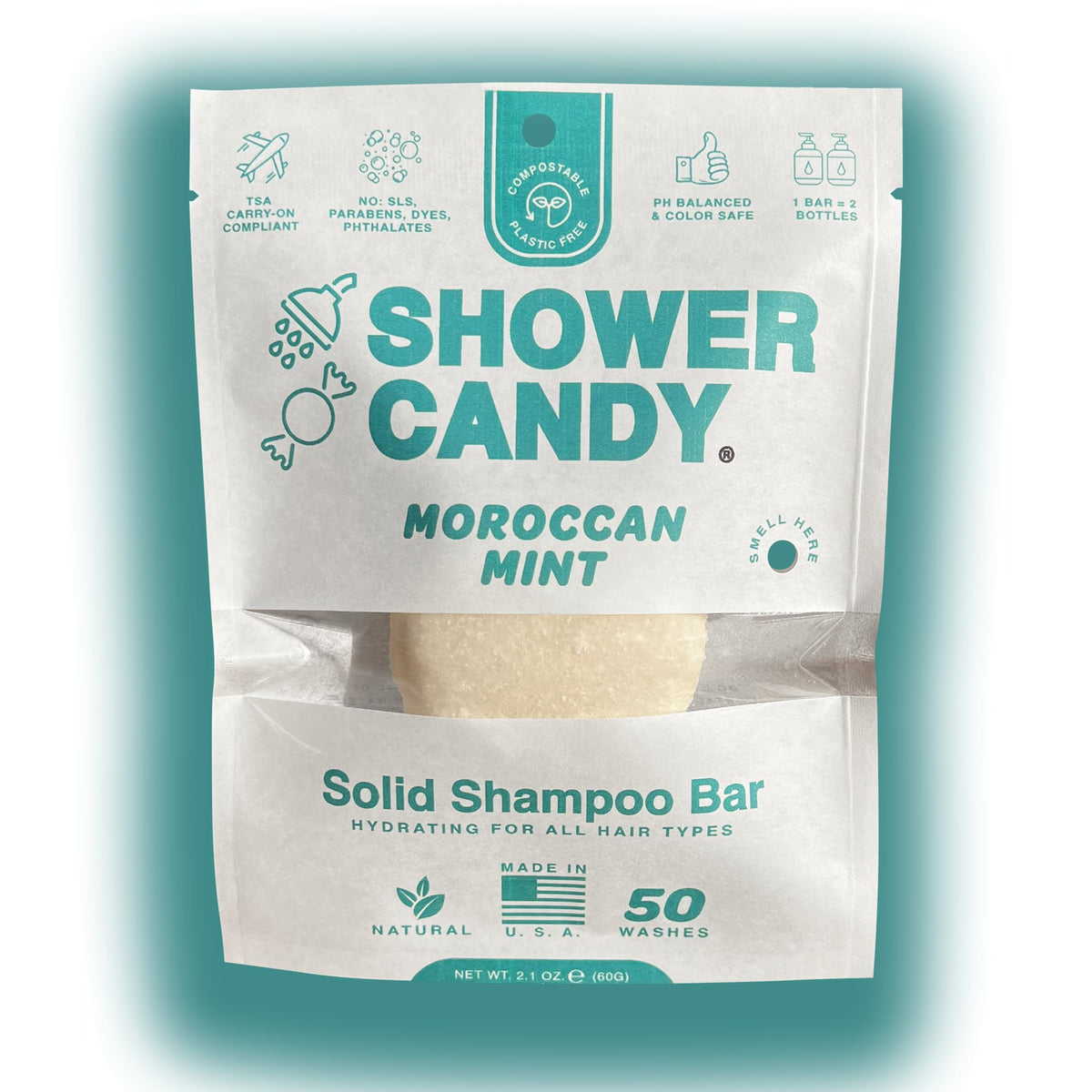 Shower Candy Moroccan Mint Shampoo Bar packaging highlights zero-waste design and USA-made quality.