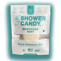 Shower Candy Moroccan Mint Shampoo Bar packaging highlights zero-waste design and USA-made quality.