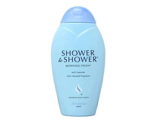 Shower To Shower Morning Fresh powder jar close-up highlighting scent.