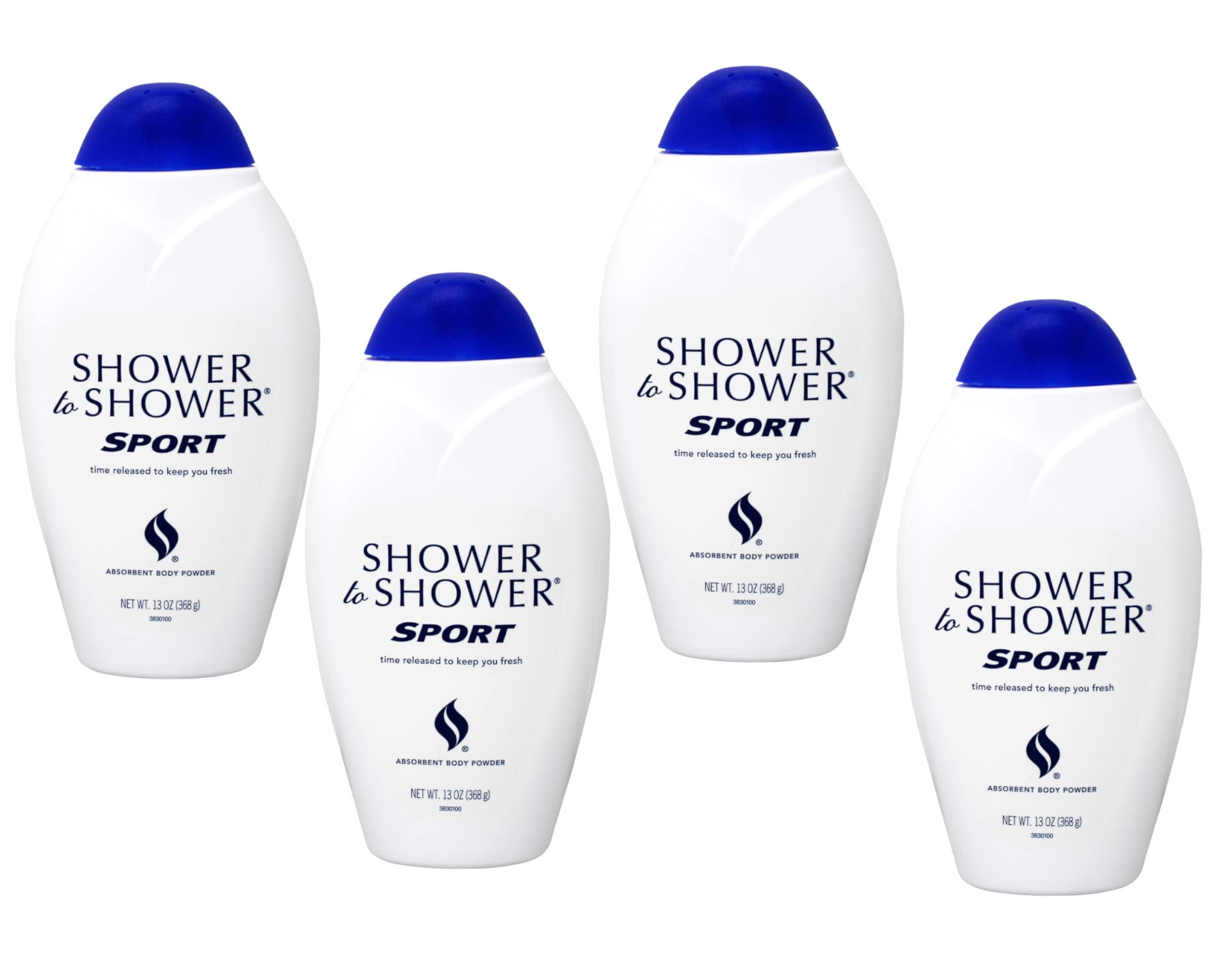 Shower To Shower sport powder pack of four bottles with lasting freshness.