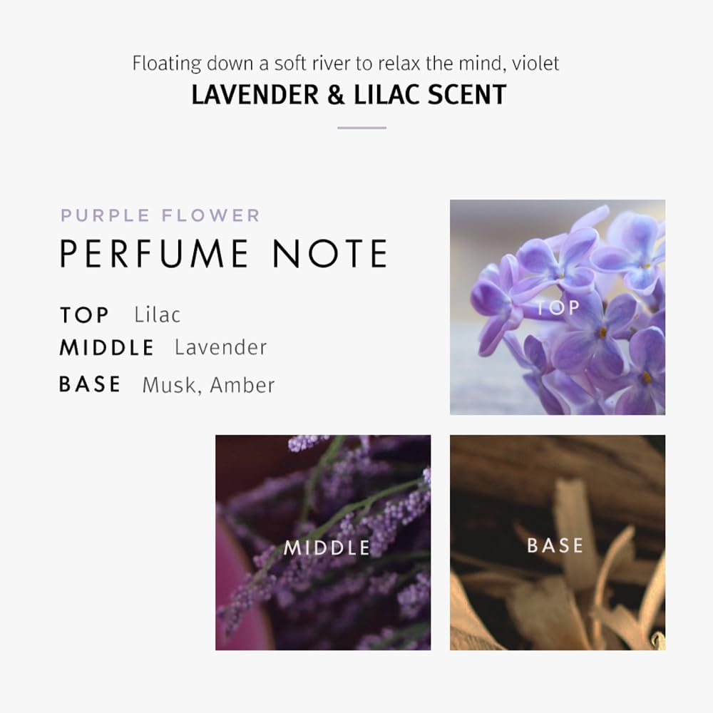 Lavender and lilac petals accompany bottle to evoke a spa ritual.
