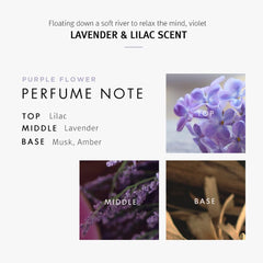 Lavender and lilac petals accompany bottle to evoke a spa ritual.
