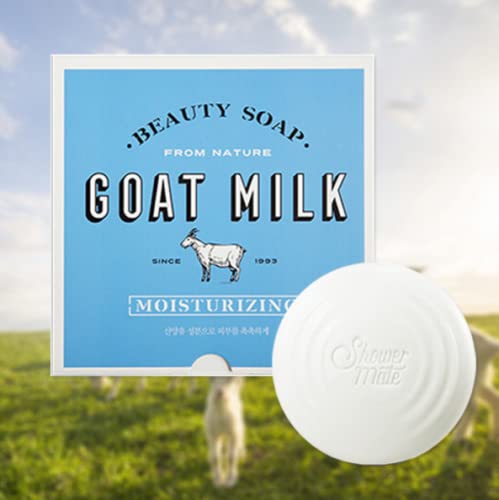 SHOWERMATE goat milk soap white milk stacked bars highlighting moisturized skin potential.