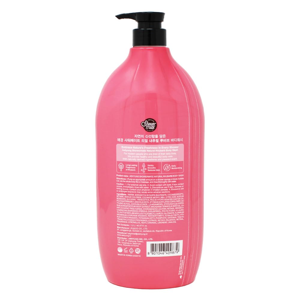 SHOWERMATE natural body wash peach bottle front, soothing aromatic unwind after busy days.