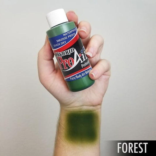 ProAiir Forest Green body paint applied with airbrush for festival body art, durable.