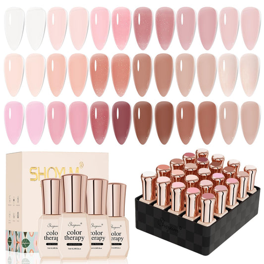 SHOYUM 24-piece jelly nude gel polish set bottle lineup for at-home nail art.