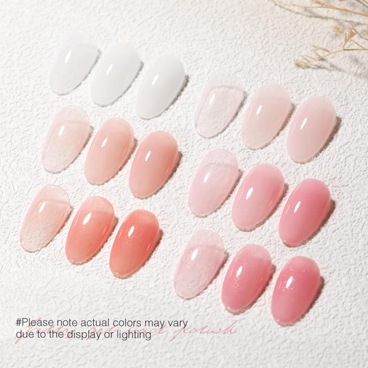 Close-up swatches show translucent nude pink shades for sheer nail art