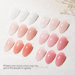 Close-up swatches show translucent nude pink shades for sheer nail art