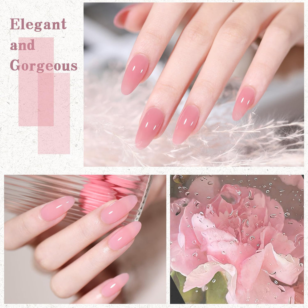 SHOYUM Jelly Nude bottle-pour close-up highlights a semi-transparent nude formula.