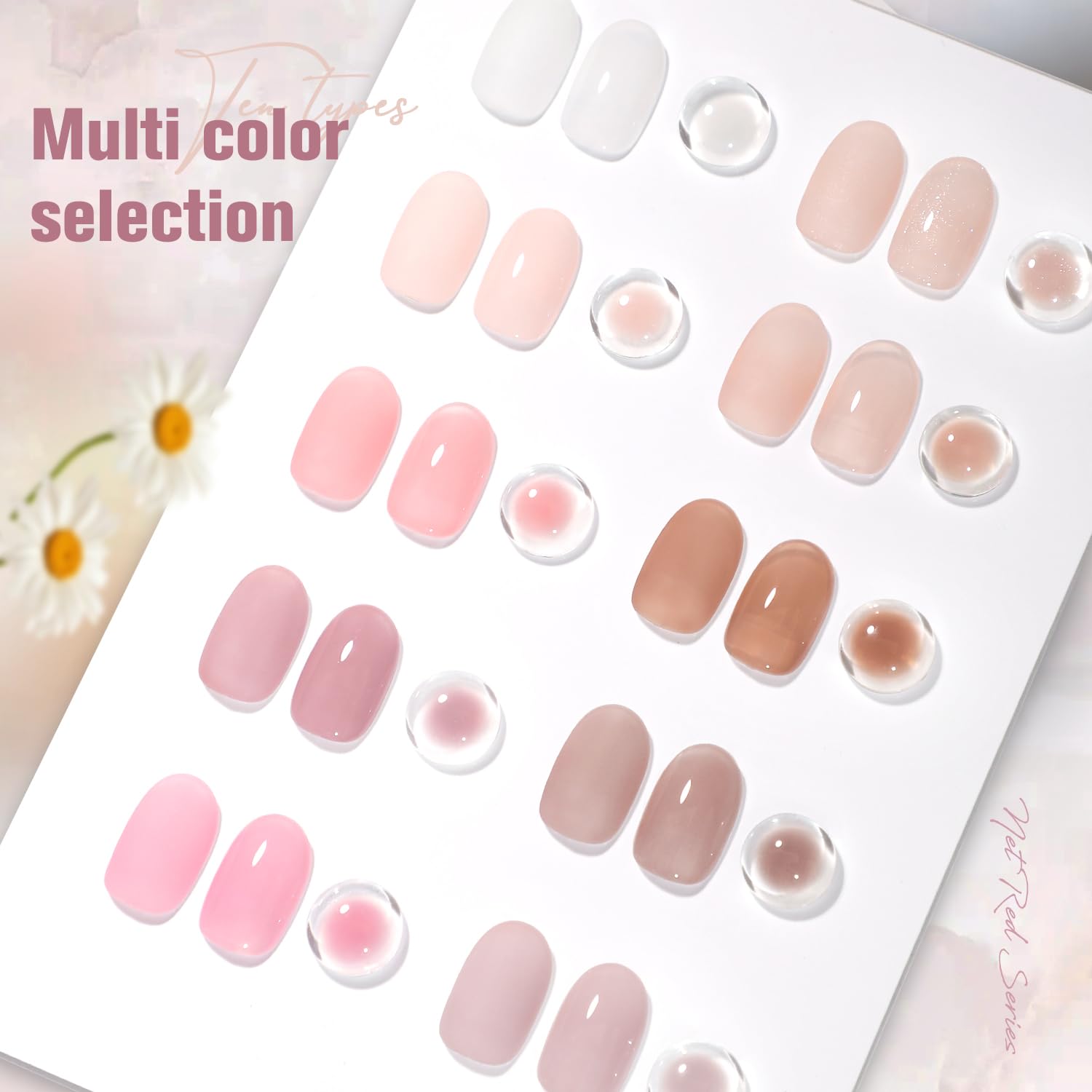 SHOYUM Jelly Nude 10-colors swatch demonstrates sheer, translucent finishes for delicate manicures.