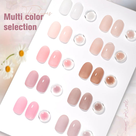 SHOYUM Jelly Nude 10-colors swatch demonstrates sheer, translucent finishes for delicate manicures.