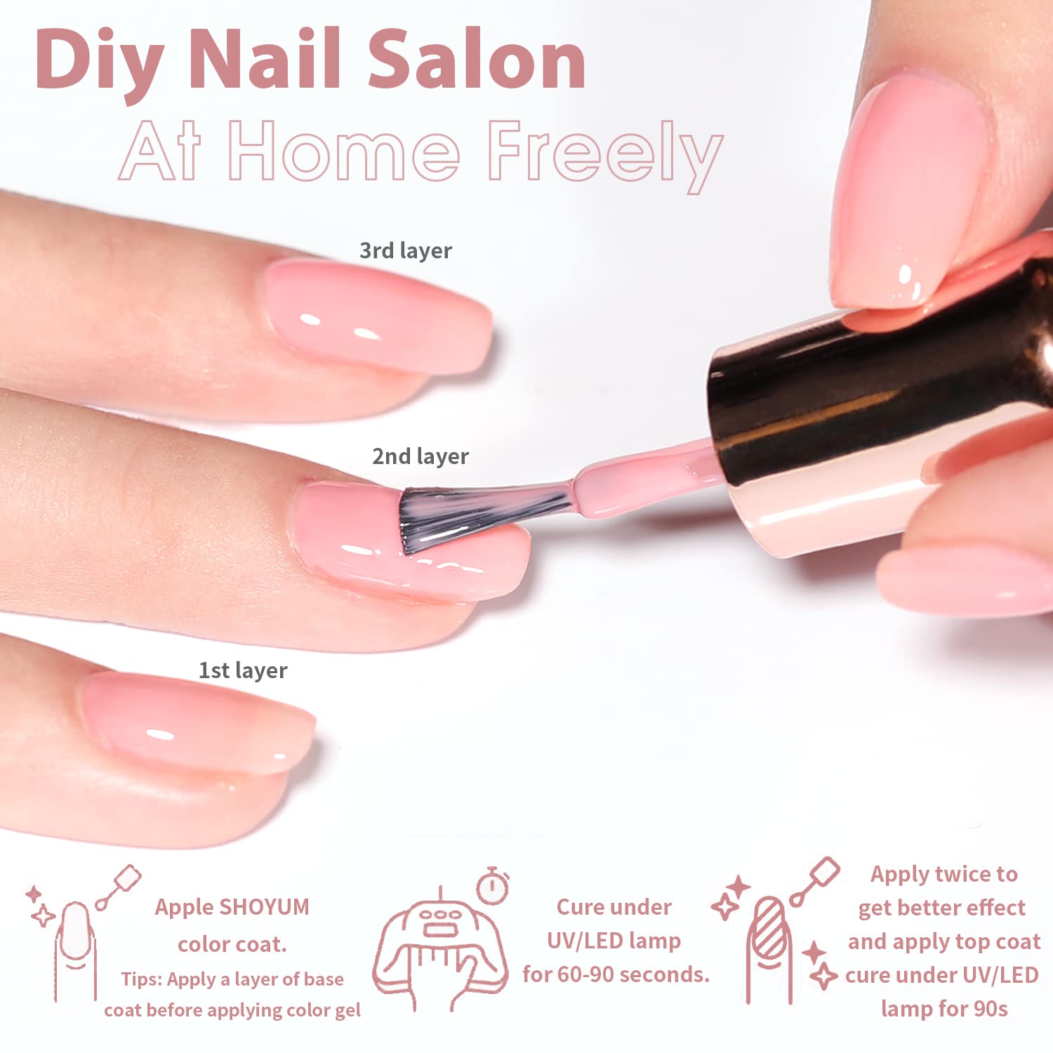 SHOYUM Jelly Pink at-home manicure setup for easy DIY nails.