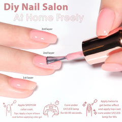SHOYUM Jelly Pink at-home manicure setup for easy DIY nails.