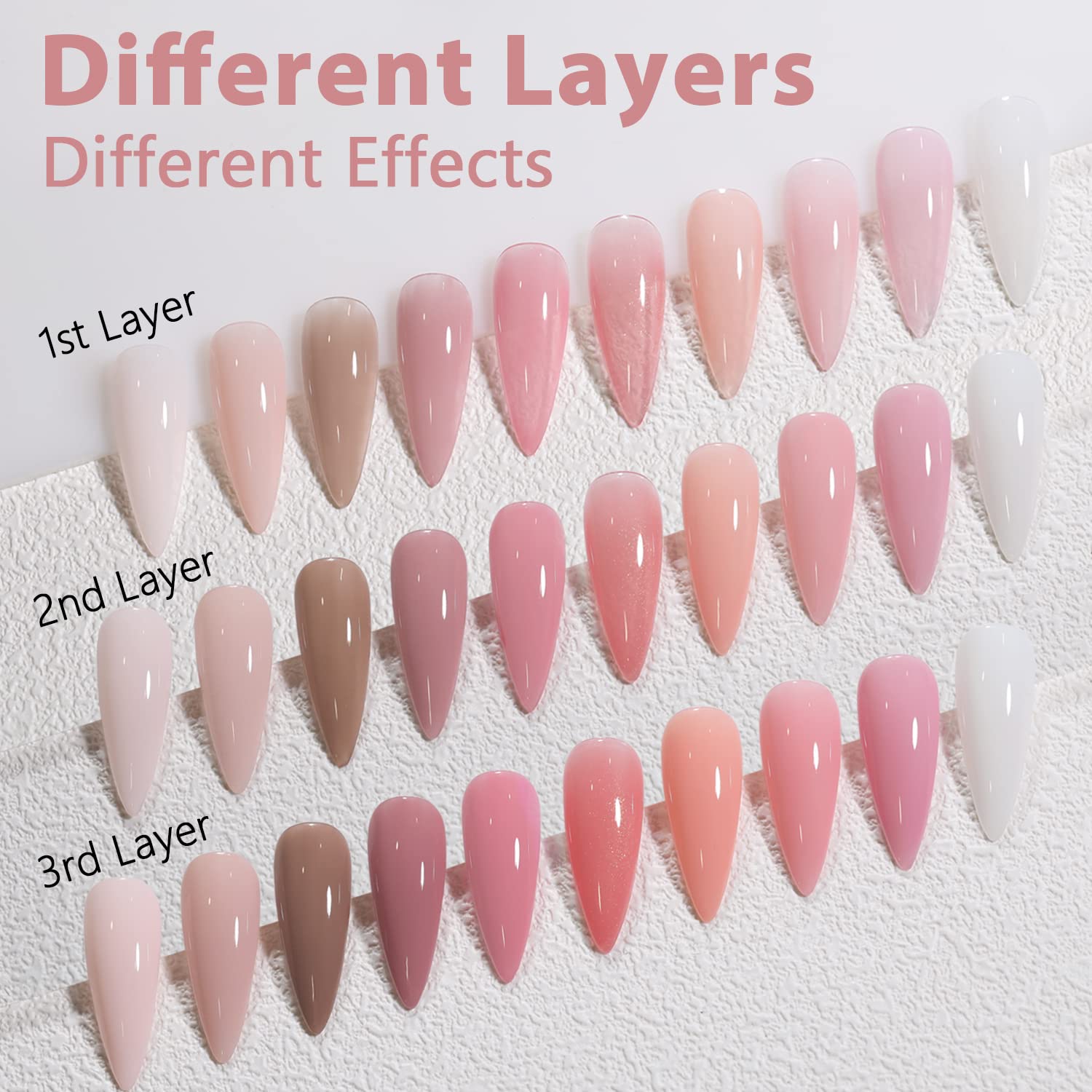 SHOYUM Jelly Pink color swatches display nude pink tones for shade selection.