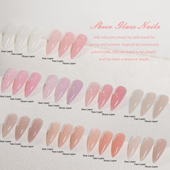 SHOYUM jelly pink colors swatches on nail wheel, showcasing sheer to opaque layering options