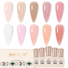 SHOYUM Jelly Pink gel nail polish set packaging shows a complete 10-color kit for DIY manicures.