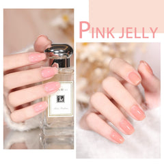 SHOYUM Jelly Pink gel polish on nails under LED lamp showing quick cure and smooth finish