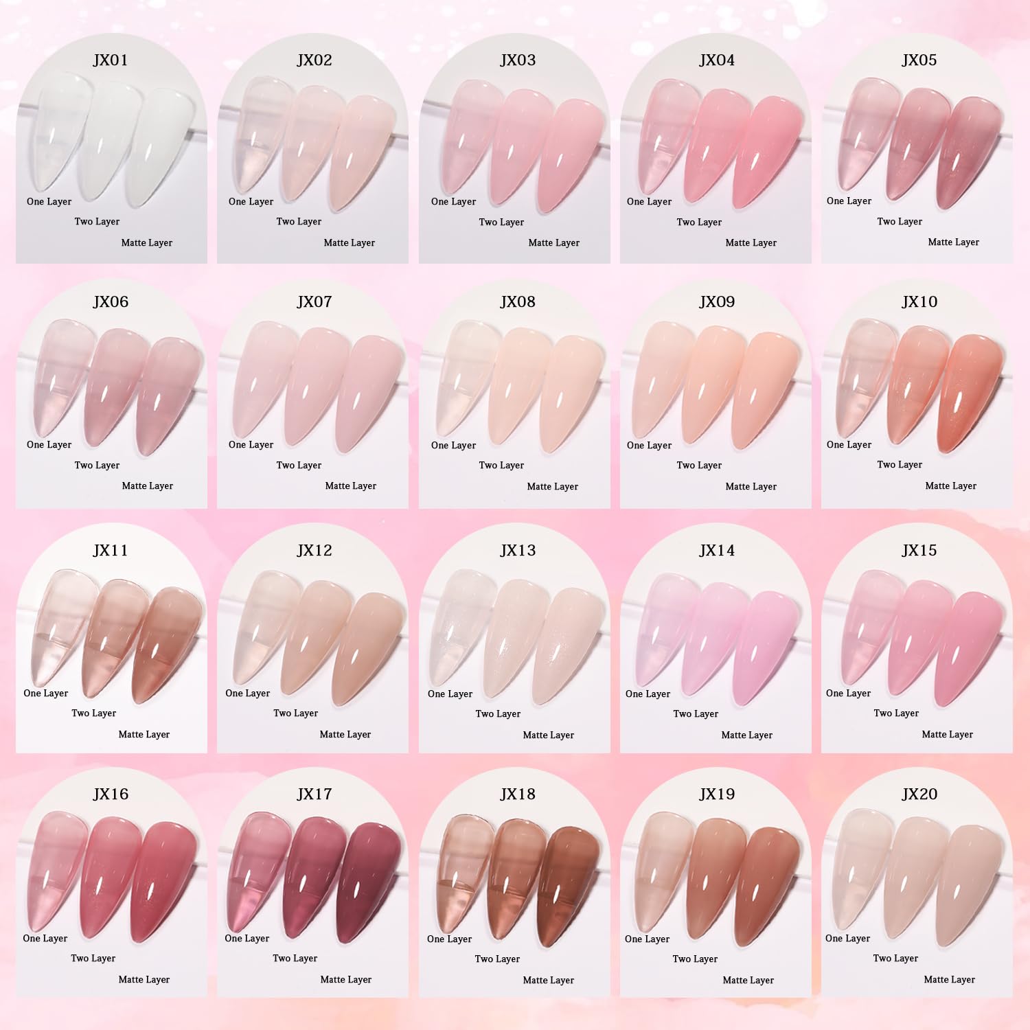 Close-up of SHOYUM nude gel polish bottles highlighting layering potential.