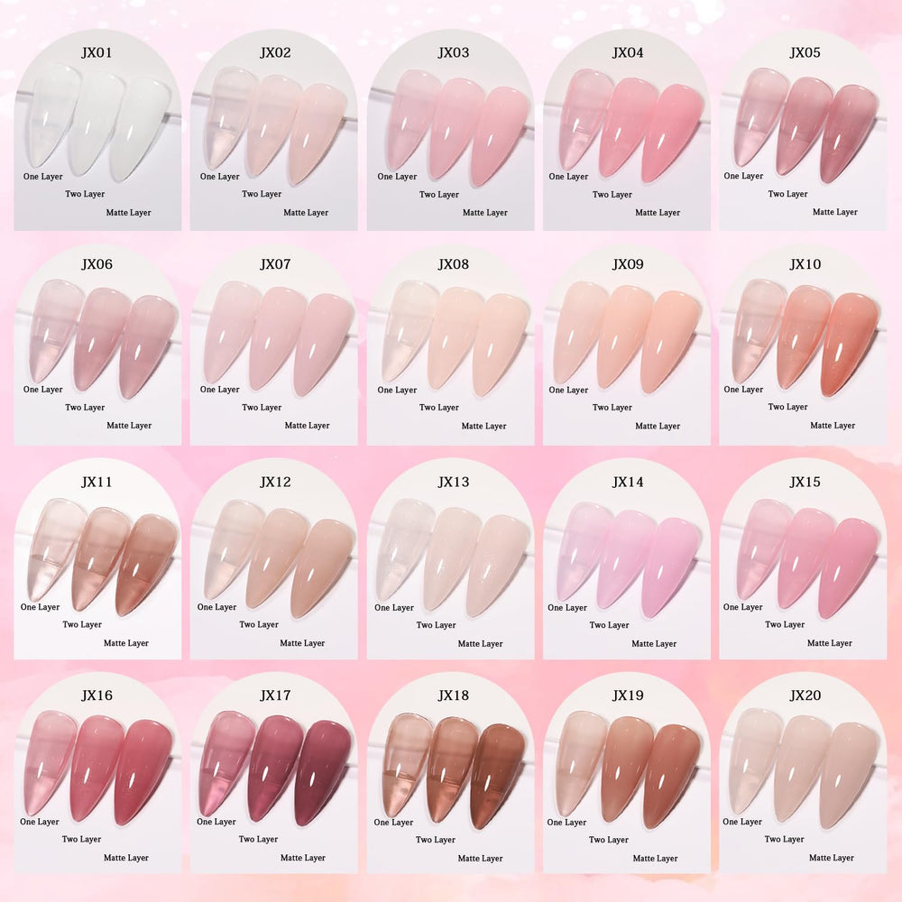 Close-up of SHOYUM nude gel polish bottles highlighting layering potential.