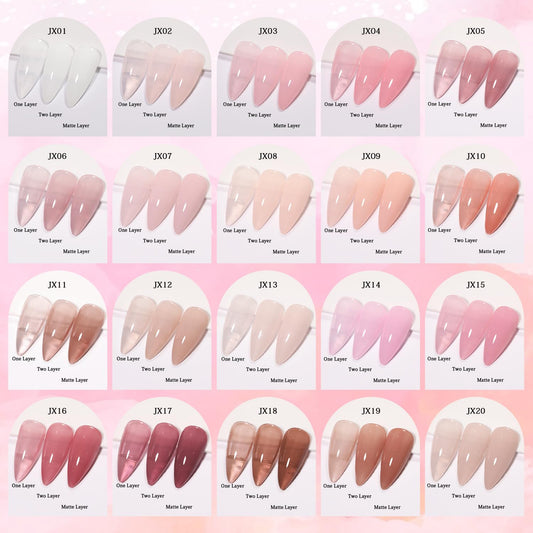 Close-up of SHOYUM nude gel polish bottles highlighting layering potential.