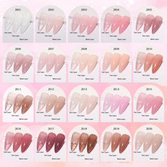 Close-up of SHOYUM nude gel polish bottles highlighting layering potential.