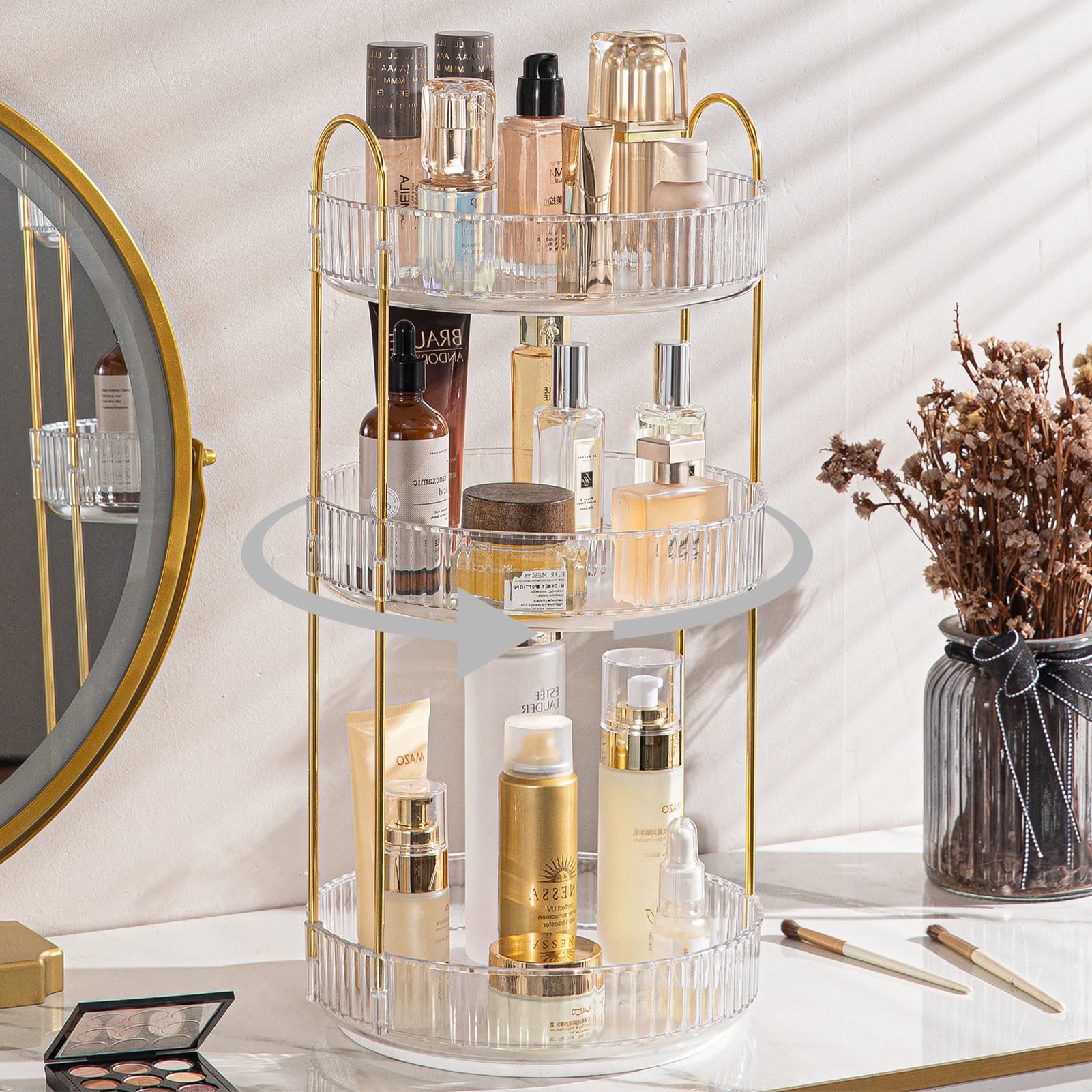 Shuang Qing rotating makeup organizer on vanity for easy access to cosmetics
