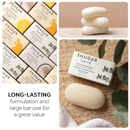 Shugar Soapworks Oatmeal Eucalyptus bar creamy lather close-up