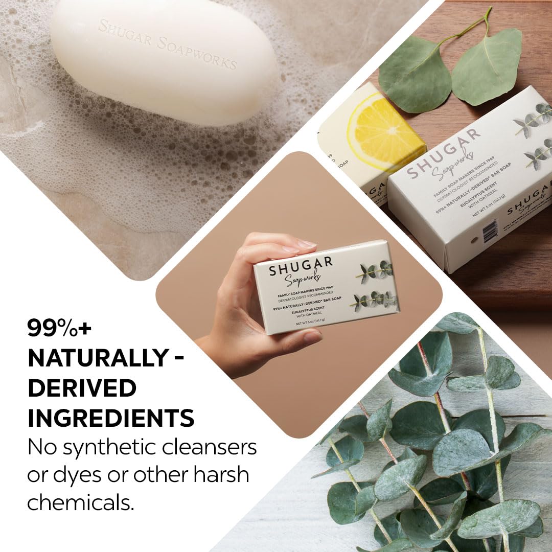 Shugar Soapworks Oatmeal Eucalyptus bar package display in bathroom