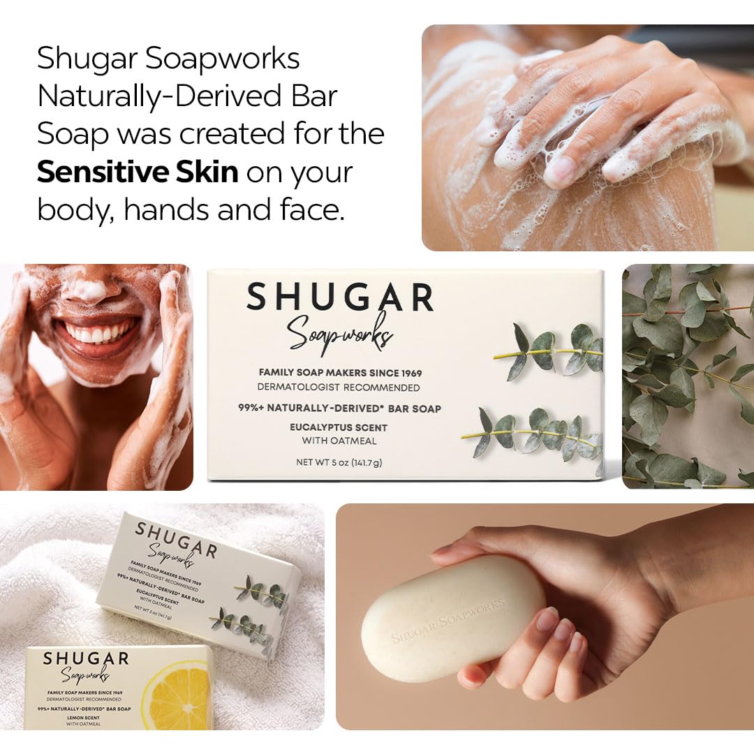 Shugar Soapworks Oatmeal Eucalyptus bar wrapper pack shows eight-pack convenience