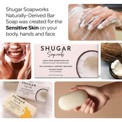 Lathering close-up of Shugar Soapworks Oatmeal & Coconut bar.