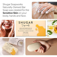 Shugar Soapworks Oatmeal & Honey bar foam close-up shows creamy cleansing for daily use.