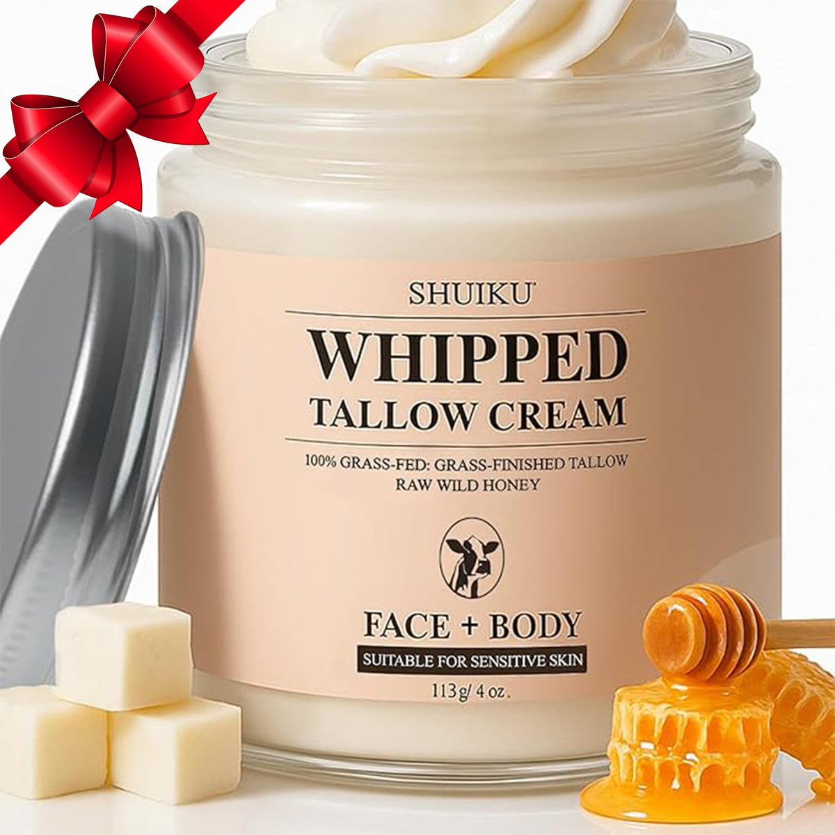 SHUIKU beef tallow honey balm jar closeup showing creamy texture for daily hydration