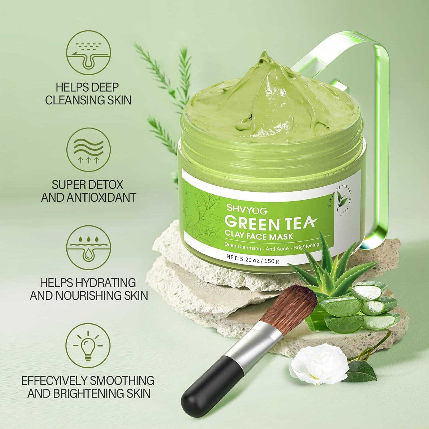 SHVYOG Green Tea Clay Mask detox mud focus emphasizes cleansing and pore care.