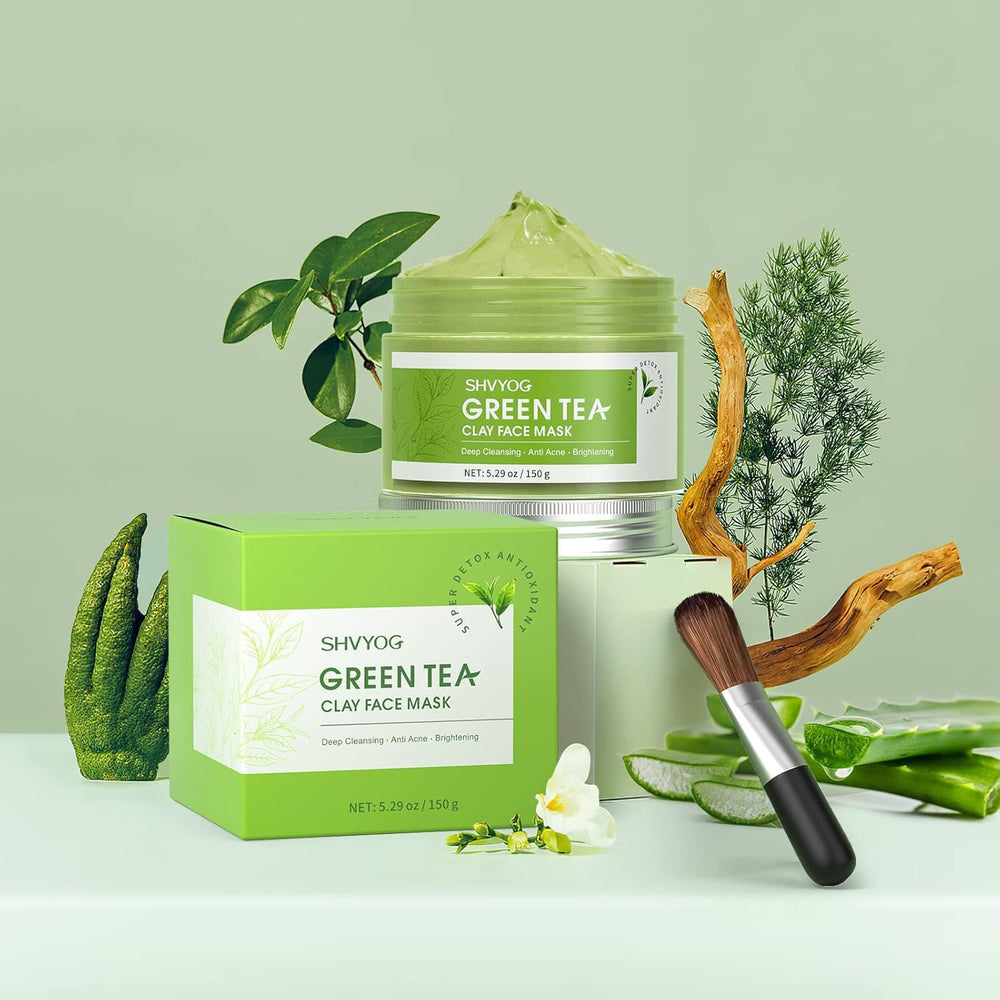 SHVYOG Green Tea Face Mask night routine setup suggesting hydrating benefits.