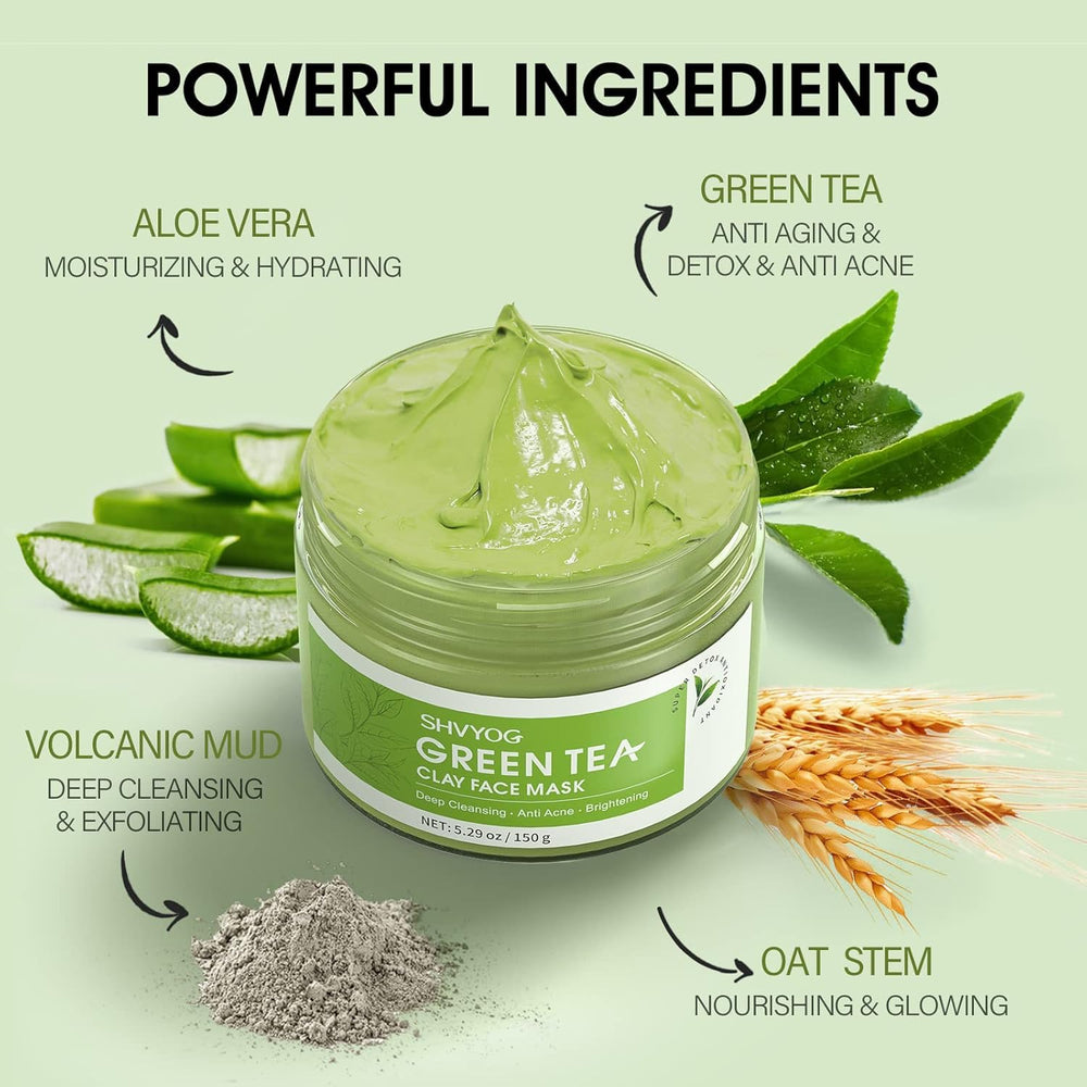 SHVYOG Green Tea Face Mask texture shows clay and green tea elements for detox and balance.