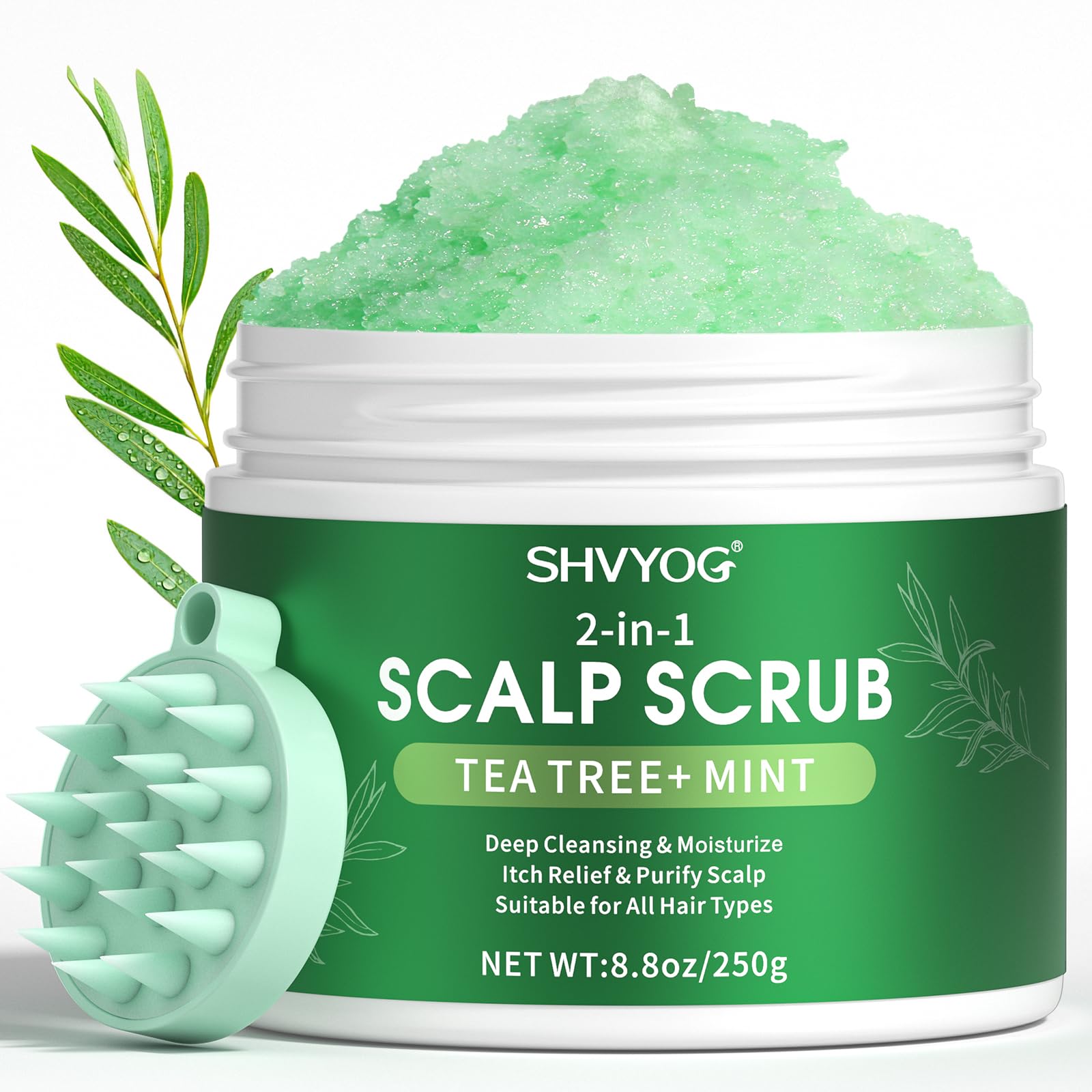 SHVYOG scalp scrub bottle with tea tree and coconut oil for exfoliation