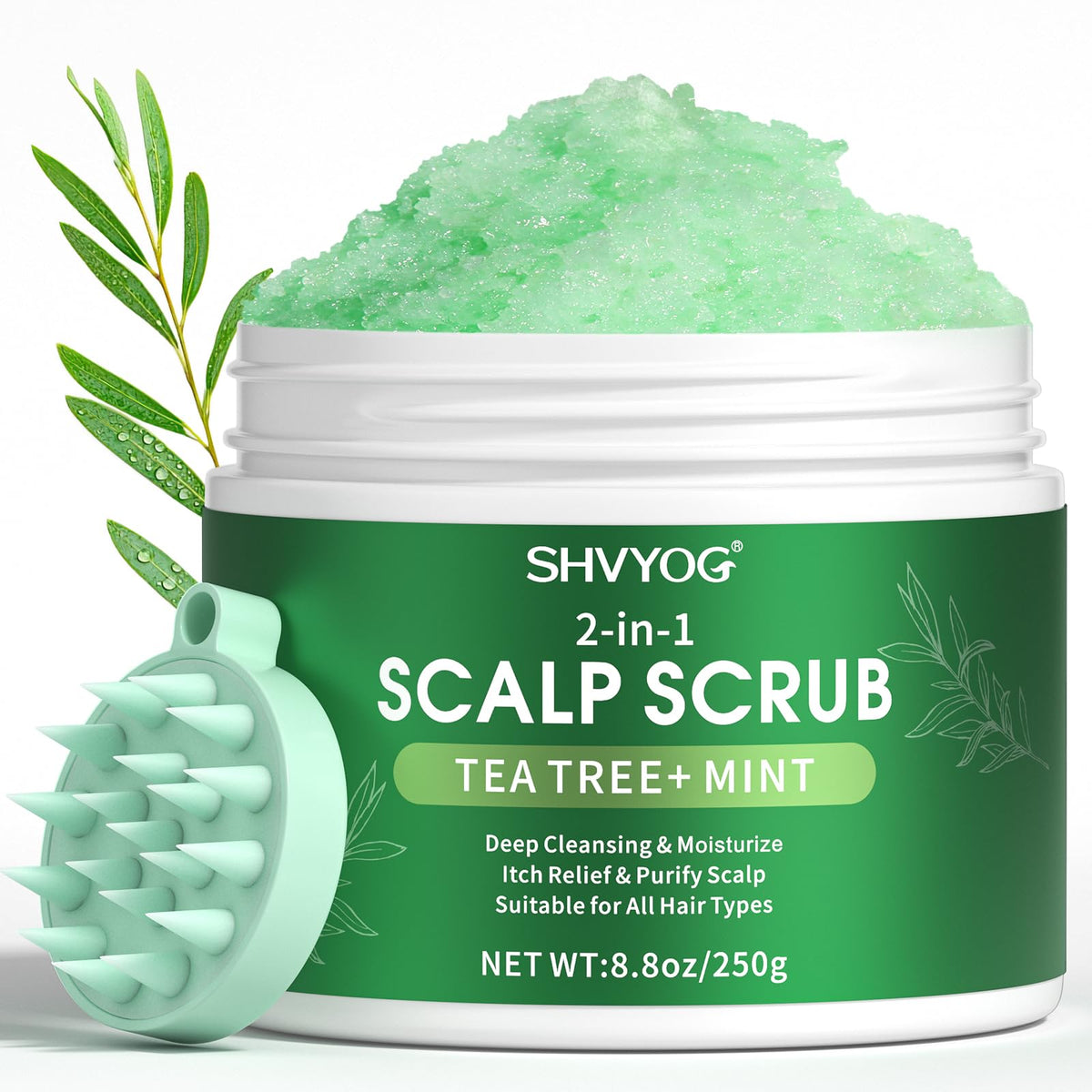 SHVYOG scalp scrub bottle with tea tree and coconut oil for exfoliation