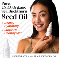 Dropper releasing sea buckthorn oil for gentle skin nourishment.