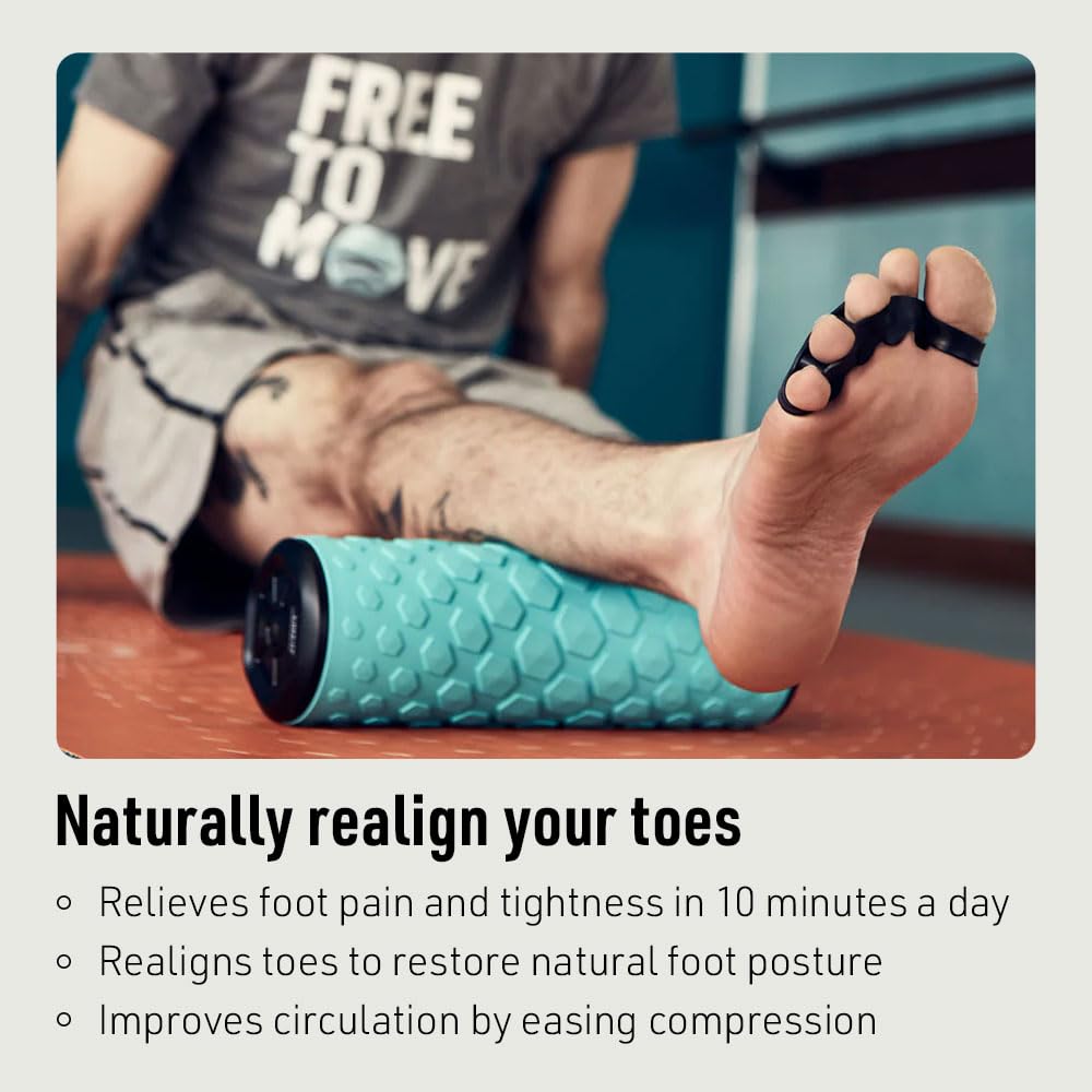 Sidekick silicone toe spacers worn inside shoes for comfortable daily use.