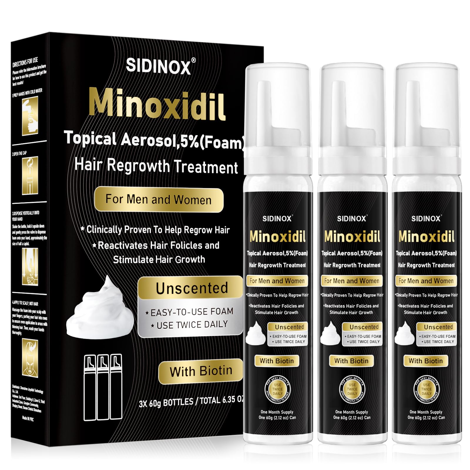 Sidinox 5% Minoxidil Foam bottle showing potent formula for hair regrowth potential.