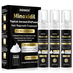 Sidinox 5% Minoxidil Foam bottle showing potent formula for hair regrowth potential.